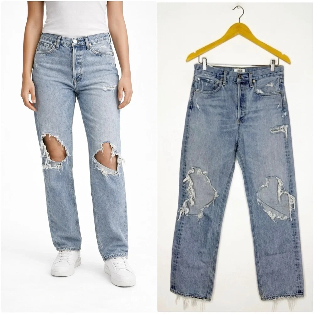 Agolde 90s Relaxed Straight Fit Jeans Light Blue Distressed Jeans Size 4 / 27